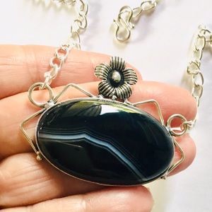 Black Banded Agate Gemstone Necklace Pendant Minimalist Big Stone